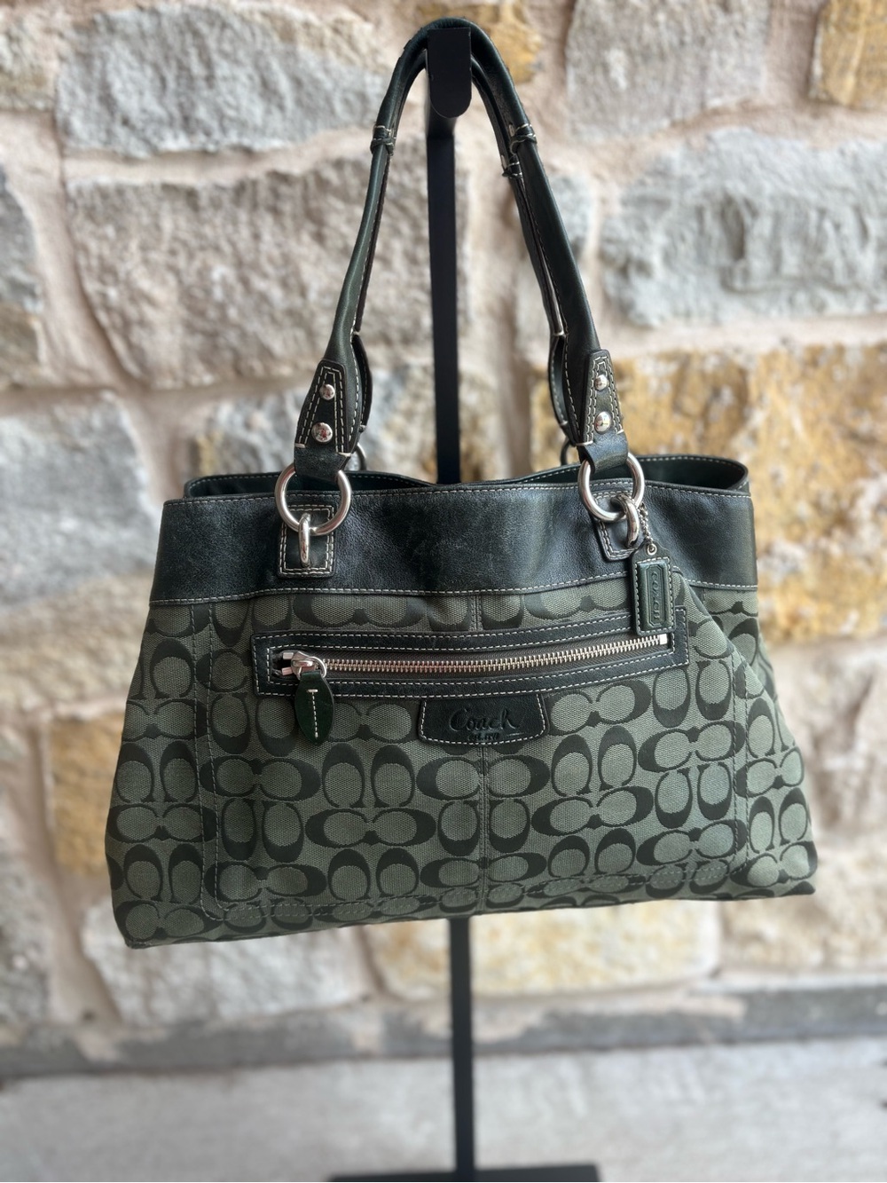 Coach Olive Monogram Bag with Dark Green Trim
